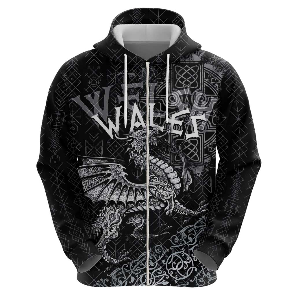Welsh Celtic Culture Zip Hoodie Wales Y Ddraig Goch with Runes Symbols - Wonder Print Shop
