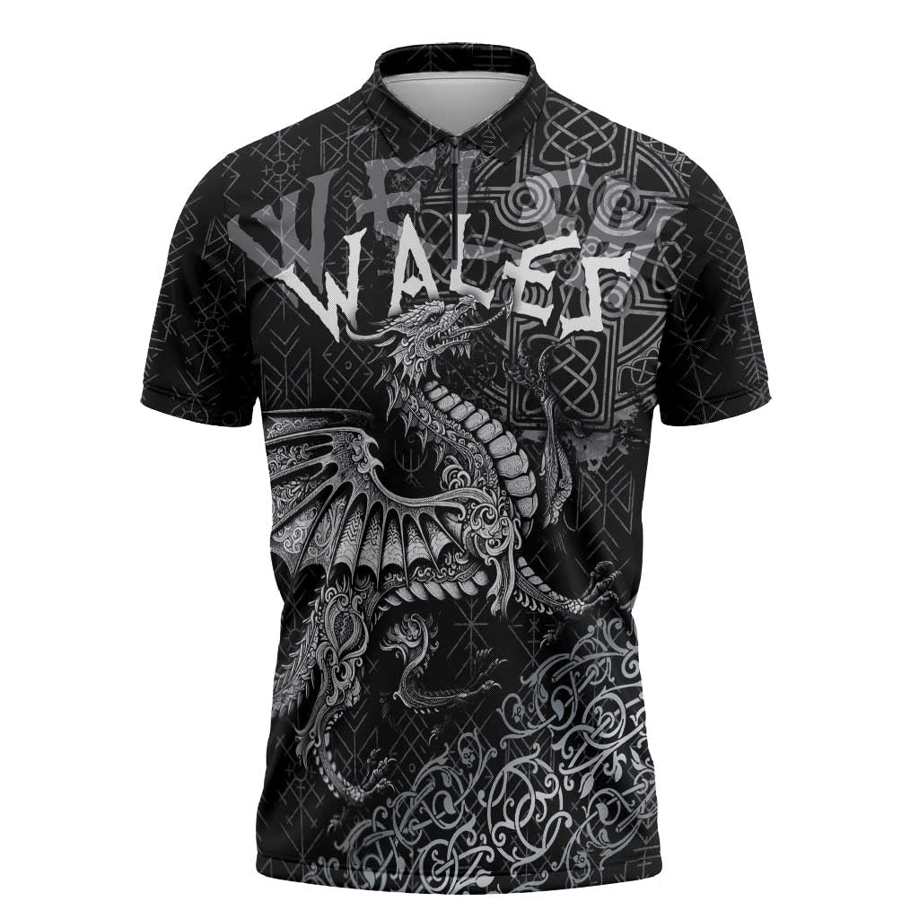 Welsh Celtic Culture Zipper Polo Shirt Wales Y Ddraig Goch with Runes Symbols - Wonder Print Shop