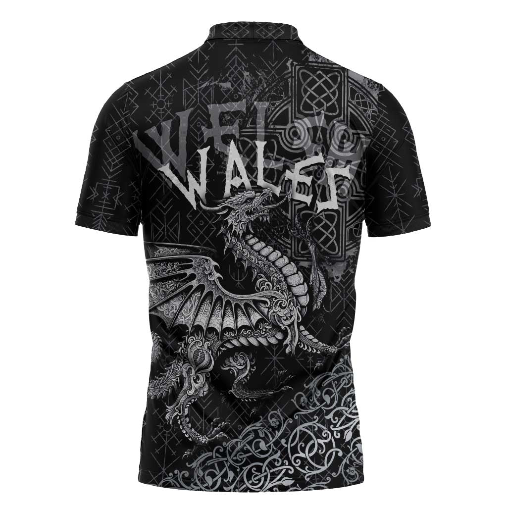 Welsh Celtic Culture Zipper Polo Shirt Wales Y Ddraig Goch with Runes Symbols - Wonder Print Shop