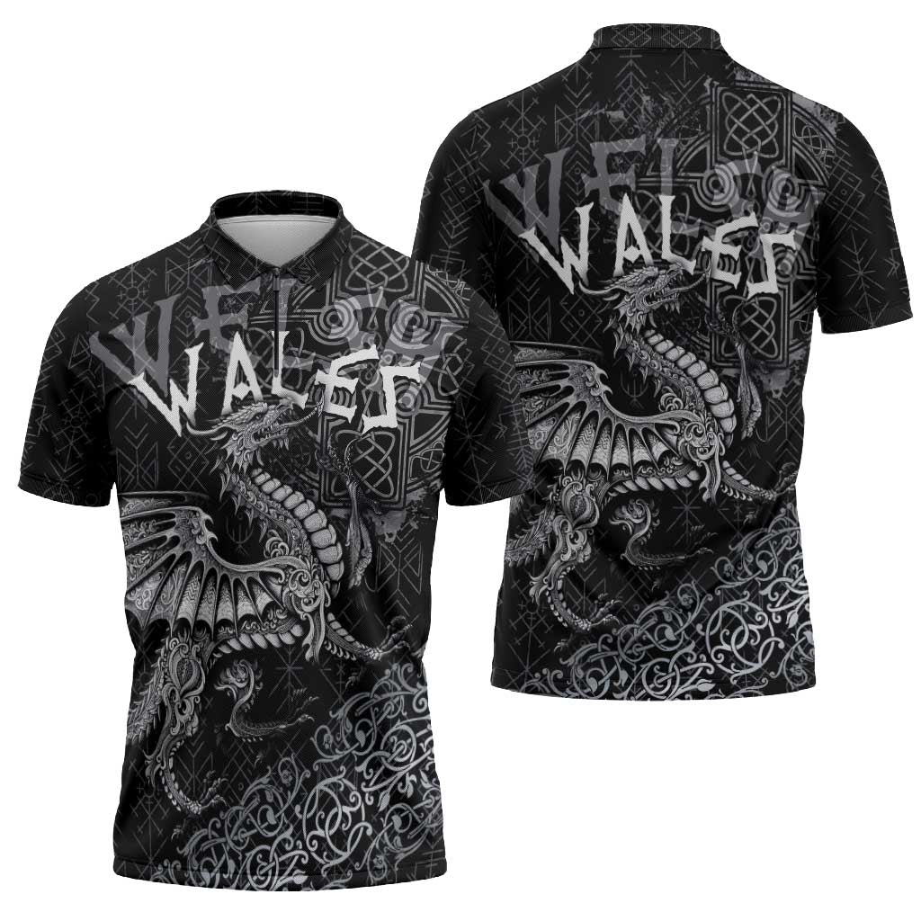 Welsh Celtic Culture Zipper Polo Shirt Wales Y Ddraig Goch with Runes Symbols - Wonder Print Shop