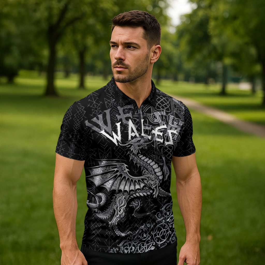 Welsh Celtic Culture Zipper Polo Shirt Wales Y Ddraig Goch with Runes Symbols - Wonder Print Shop