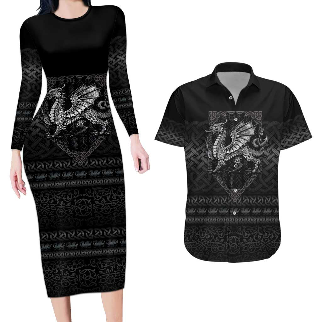 Welsh Celtic Culture Couples Matching Long Sleeve Bodycon Dress and Hawaiian Shirt Wales Y Ddraig Goch with Knot - Wonder Print Shop