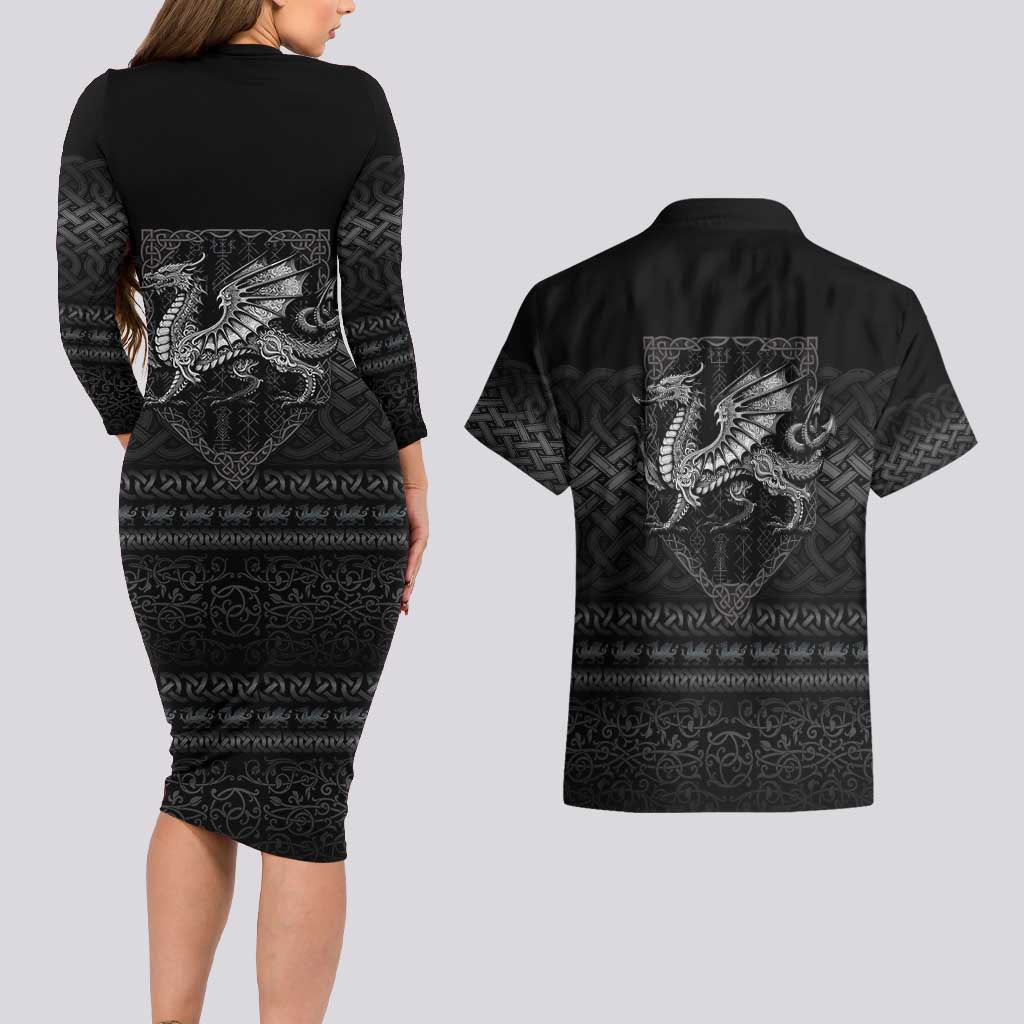Welsh Celtic Culture Couples Matching Long Sleeve Bodycon Dress and Hawaiian Shirt Wales Y Ddraig Goch with Knot - Wonder Print Shop
