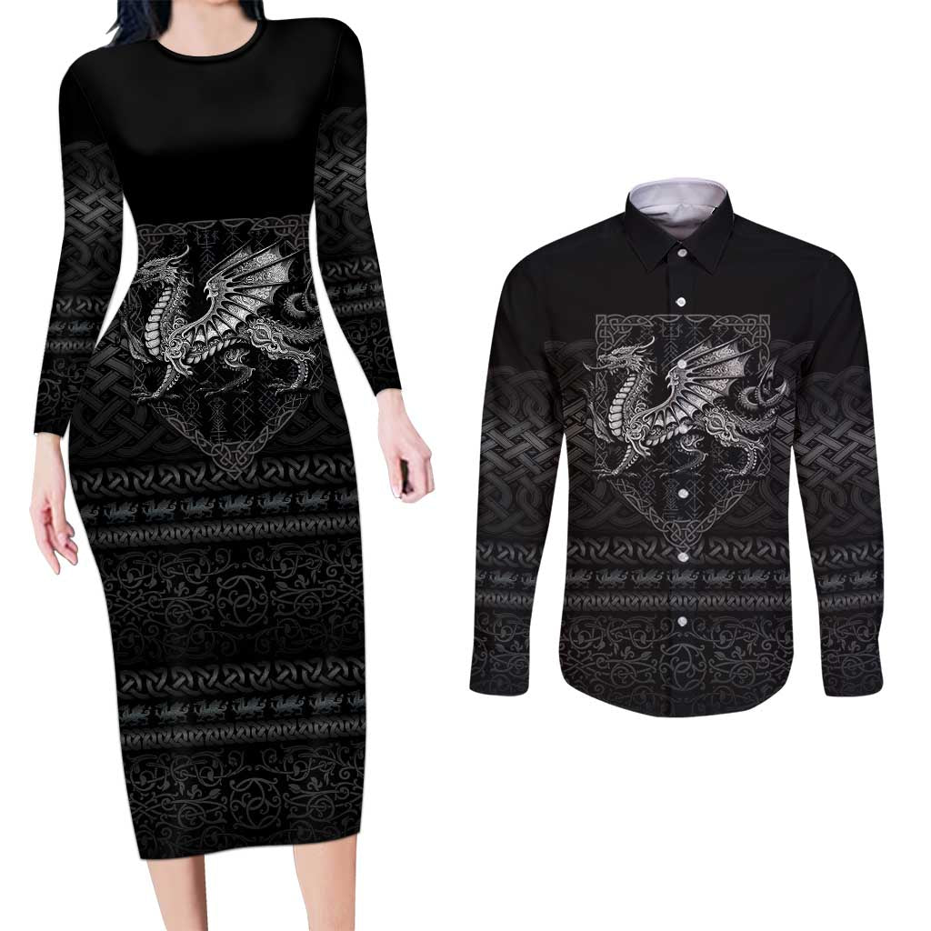 Welsh Celtic Culture Couples Matching Long Sleeve Bodycon Dress and Long Sleeve Button Shirt Wales Y Ddraig Goch with Knot - Wonder Print Shop