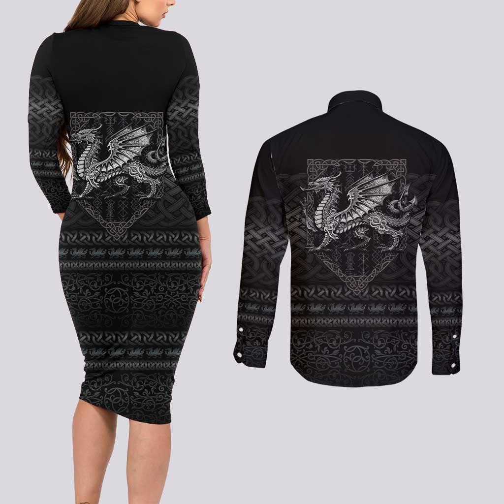 Welsh Celtic Culture Couples Matching Long Sleeve Bodycon Dress and Long Sleeve Button Shirt Wales Y Ddraig Goch with Knot - Wonder Print Shop