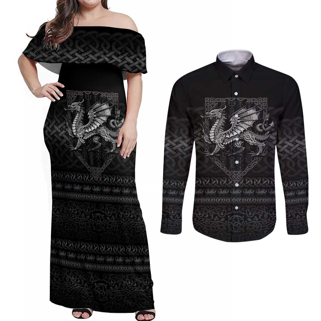 Welsh Celtic Culture Couples Matching Off Shoulder Maxi Dress and Long Sleeve Button Shirt Wales Y Ddraig Goch with Knot - Wonder Print Shop