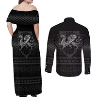 Welsh Celtic Culture Couples Matching Off Shoulder Maxi Dress and Long Sleeve Button Shirt Wales Y Ddraig Goch with Knot - Wonder Print Shop