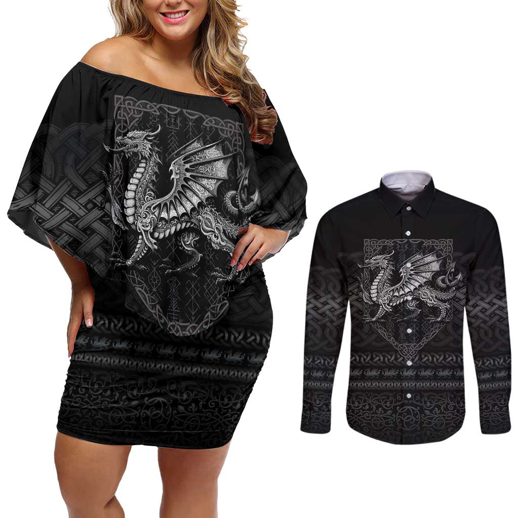Welsh Celtic Culture Couples Matching Off Shoulder Short Dress and Long Sleeve Button Shirt Wales Y Ddraig Goch with Knot - Wonder Print Shop
