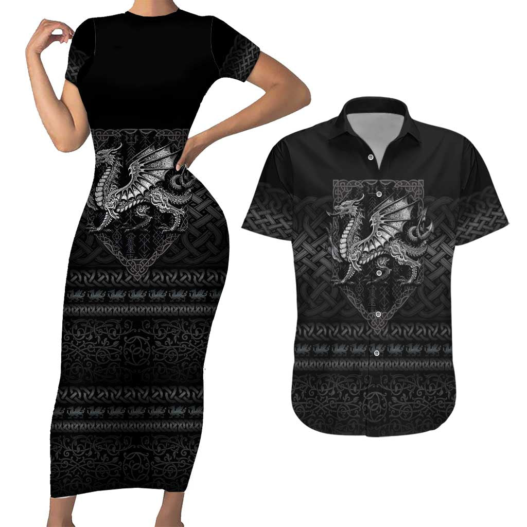 Welsh Celtic Culture Couples Matching Short Sleeve Bodycon Dress and Hawaiian Shirt Wales Y Ddraig Goch with Knot - Wonder Print Shop