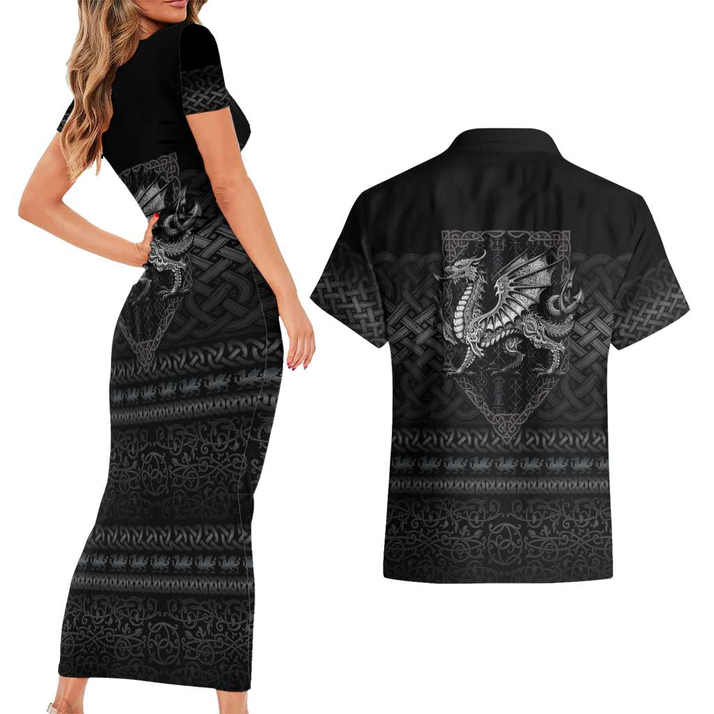 Welsh Celtic Culture Couples Matching Short Sleeve Bodycon Dress and Hawaiian Shirt Wales Y Ddraig Goch with Knot - Wonder Print Shop