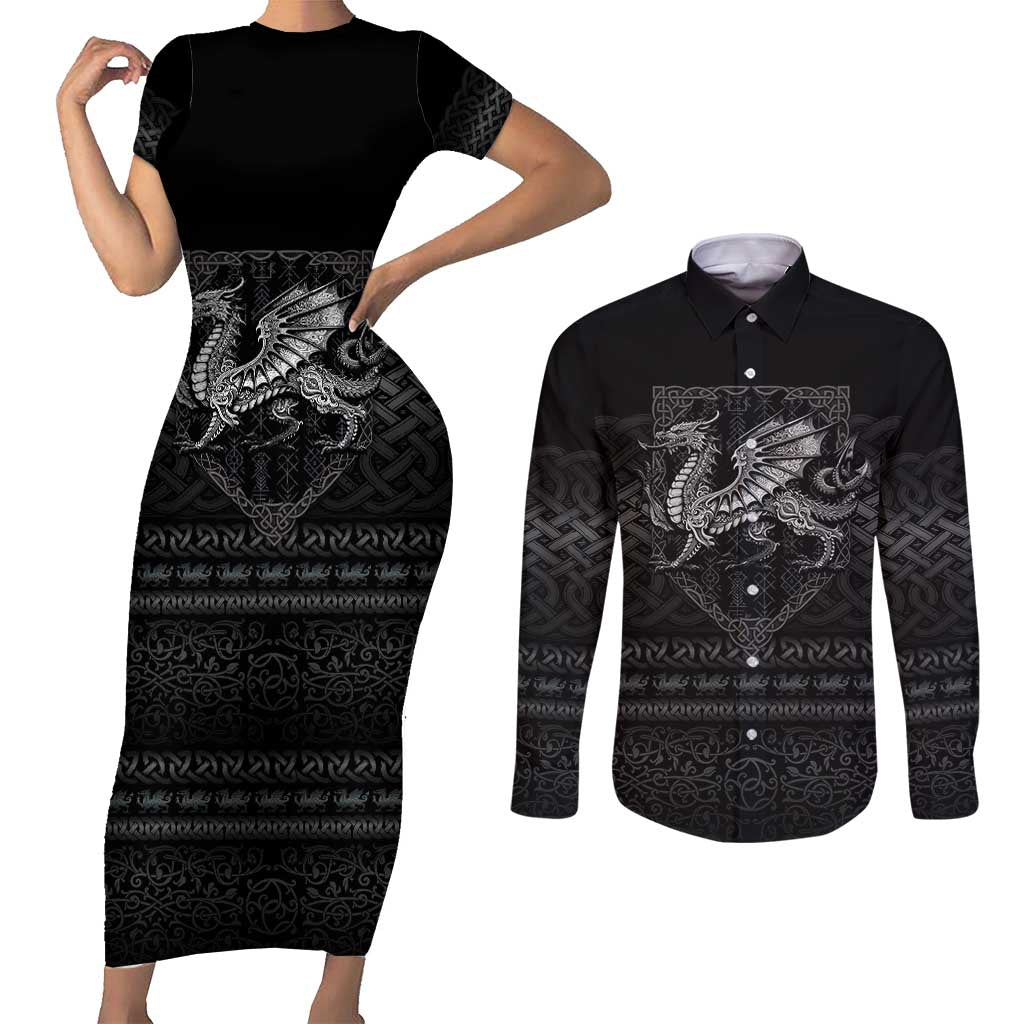 Welsh Celtic Culture Couples Matching Short Sleeve Bodycon Dress and Long Sleeve Button Shirt Wales Y Ddraig Goch with Knot - Wonder Print Shop
