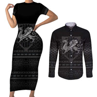 Welsh Celtic Culture Couples Matching Short Sleeve Bodycon Dress and Long Sleeve Button Shirt Wales Y Ddraig Goch with Knot - Wonder Print Shop