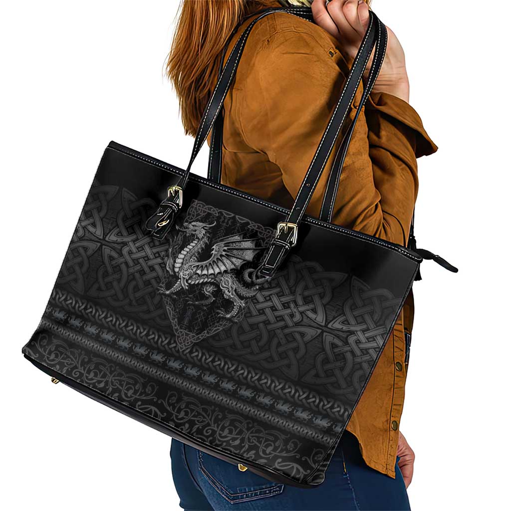 Welsh Celtic Culture Leather Tote Bag Wales Y Ddraig Goch with Knot - Wonder Print Shop