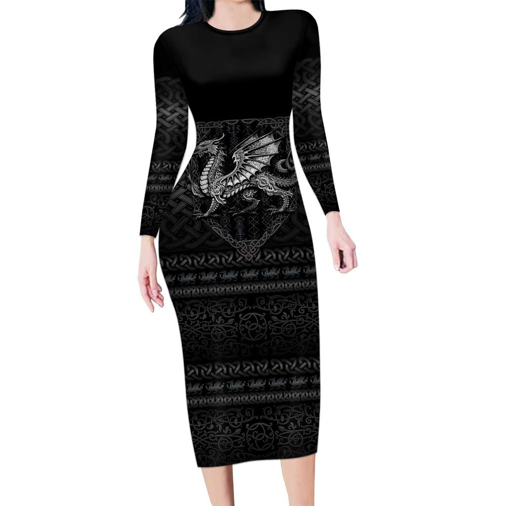 Welsh Celtic Culture Long Sleeve Bodycon Dress Wales Y Ddraig Goch with Knot - Wonder Print Shop