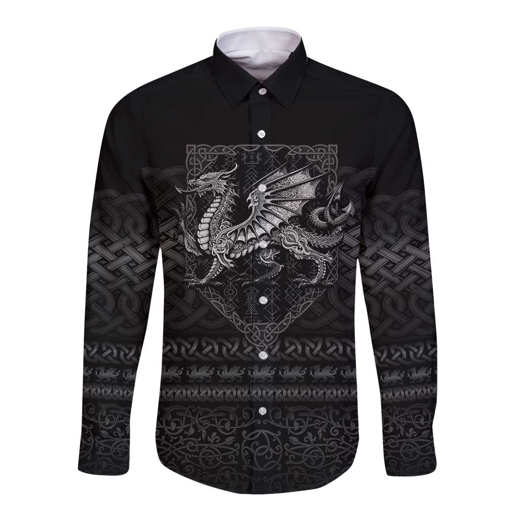Welsh Celtic Culture Long Sleeve Button Shirt Wales Y Ddraig Goch with Knot - Wonder Print Shop