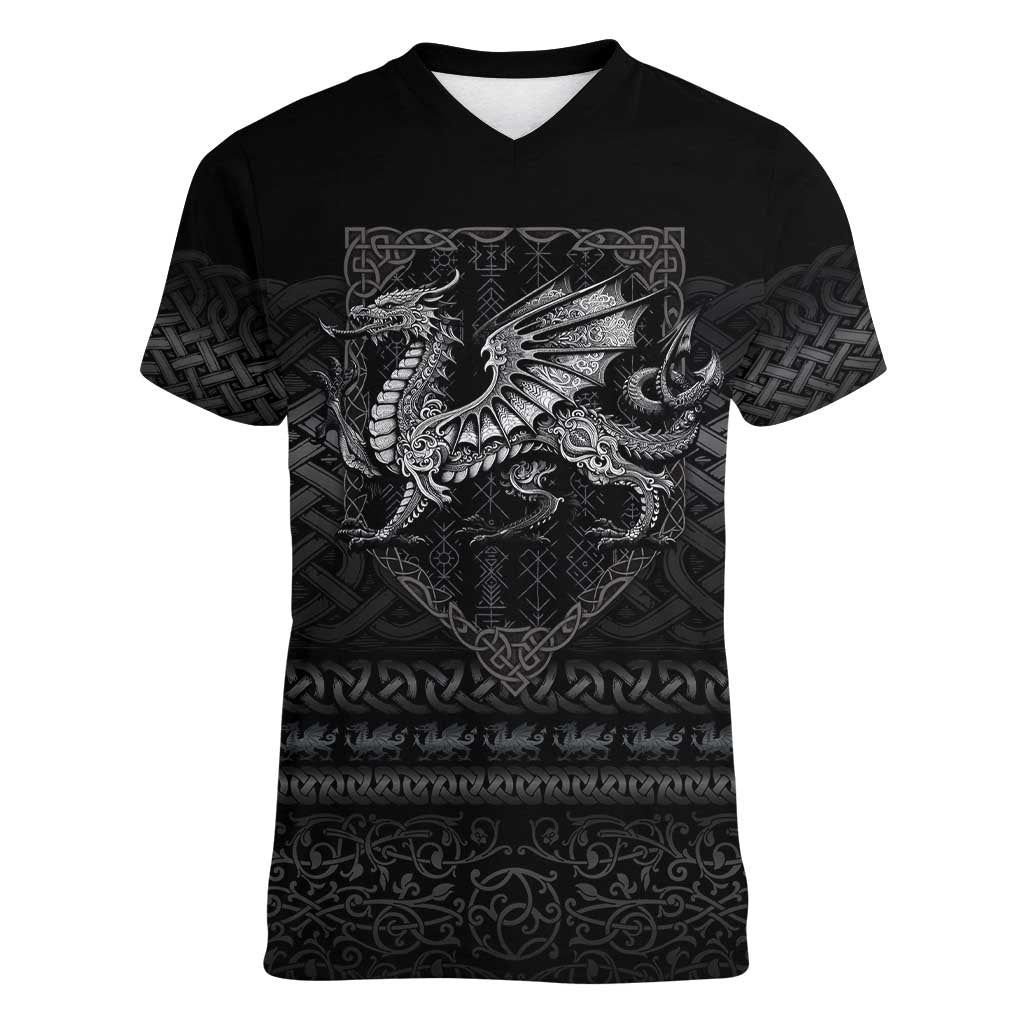 Welsh Celtic Culture Women V-Neck T-Shirt Wales Y Ddraig Goch with Knot - Wonder Print Shop