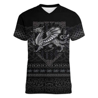 Welsh Celtic Culture Women V-Neck T-Shirt Wales Y Ddraig Goch with Knot - Wonder Print Shop