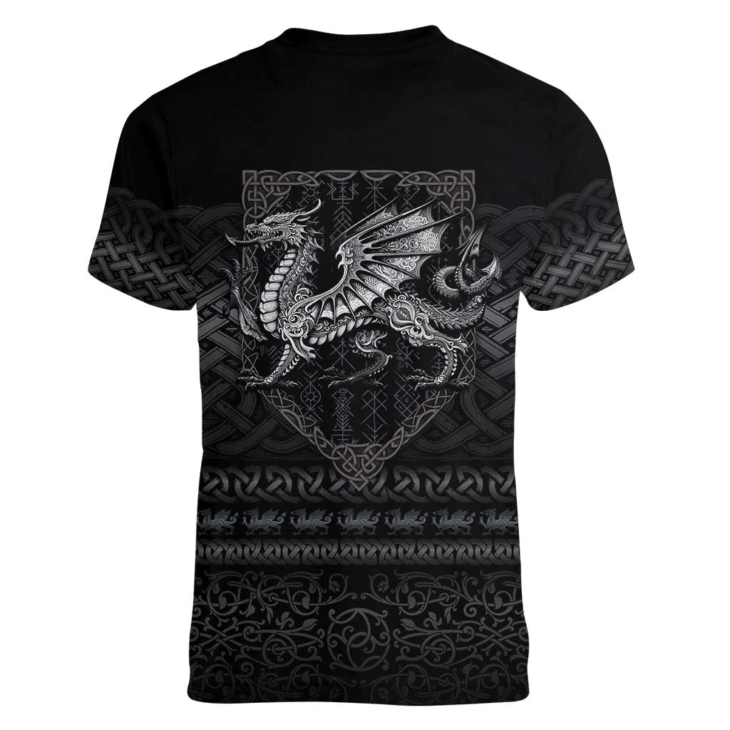 Welsh Celtic Culture Women V-Neck T-Shirt Wales Y Ddraig Goch with Knot - Wonder Print Shop