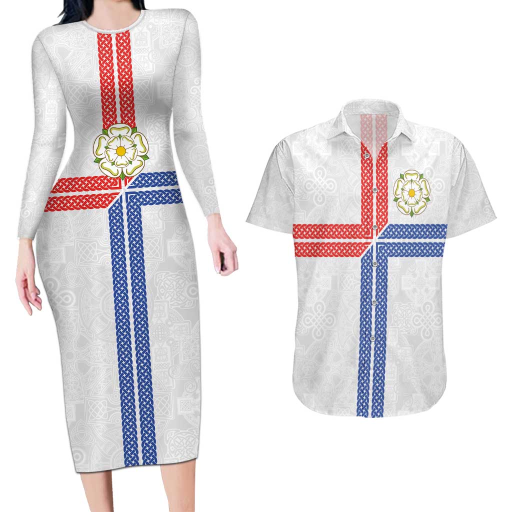 Personalized Yorkshire Celtic Heritage Couples Matching Long Sleeve Bodycon Dress and Hawaiian Shirt Cross Style - Wonder Print Shop