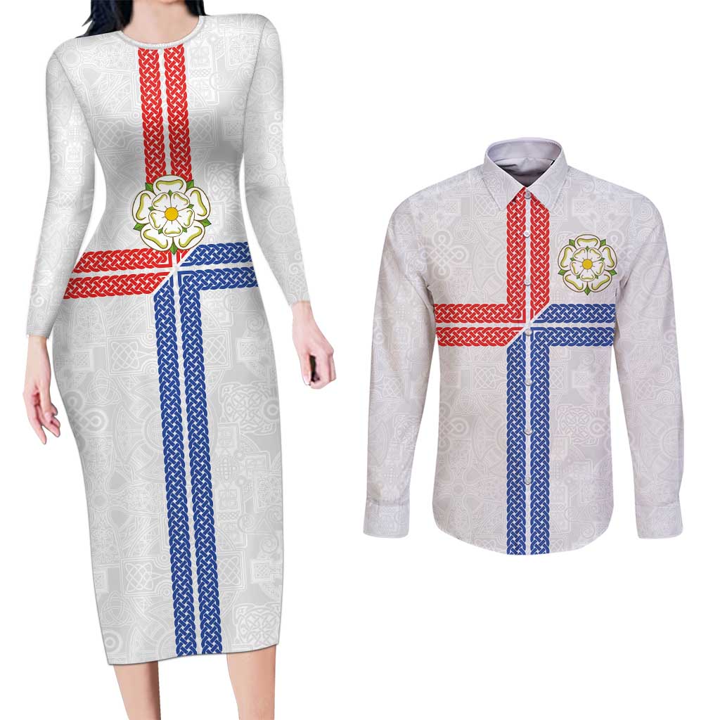 Personalized Yorkshire Celtic Heritage Couples Matching Long Sleeve Bodycon Dress and Long Sleeve Button Shirt Cross Style - Wonder Print Shop