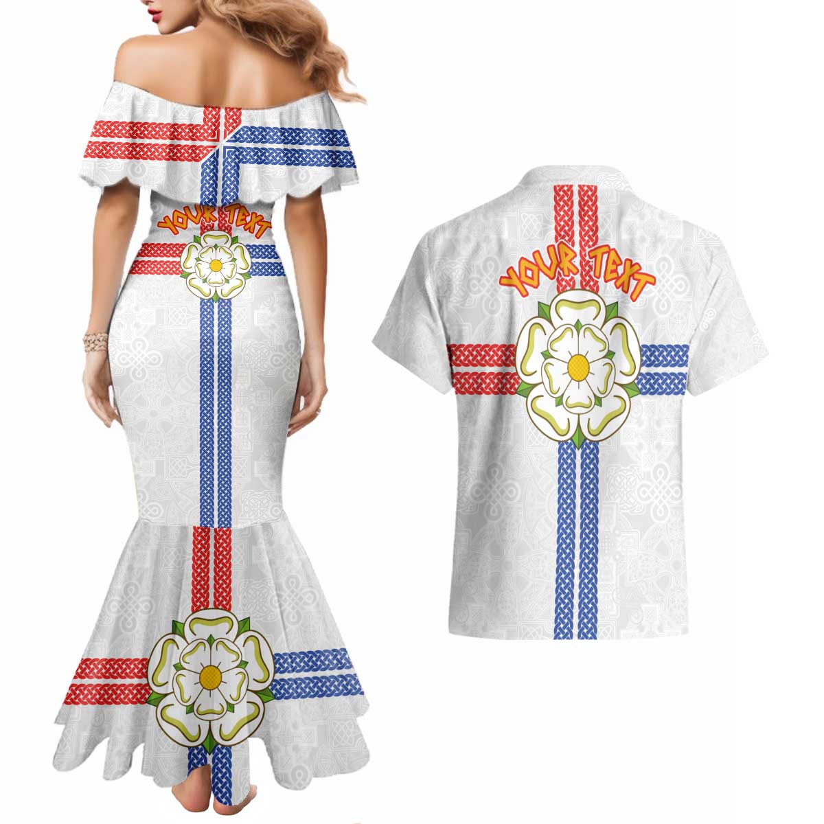 Personalized Yorkshire Celtic Heritage Couples Matching Mermaid Dress and Hawaiian Shirt Cross Style - Wonder Print Shop