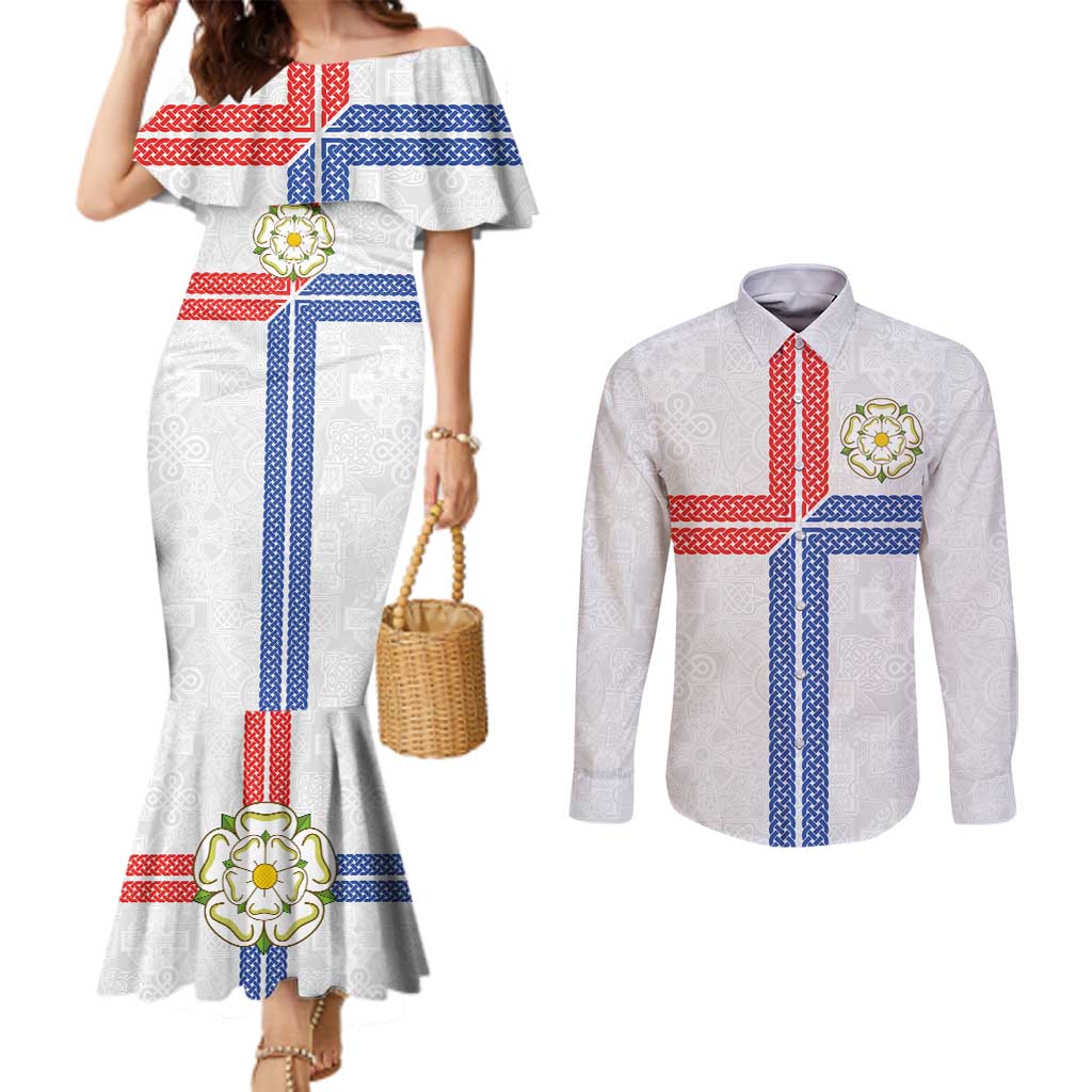 Personalized Yorkshire Celtic Heritage Couples Matching Mermaid Dress and Long Sleeve Button Shirt Cross Style - Wonder Print Shop