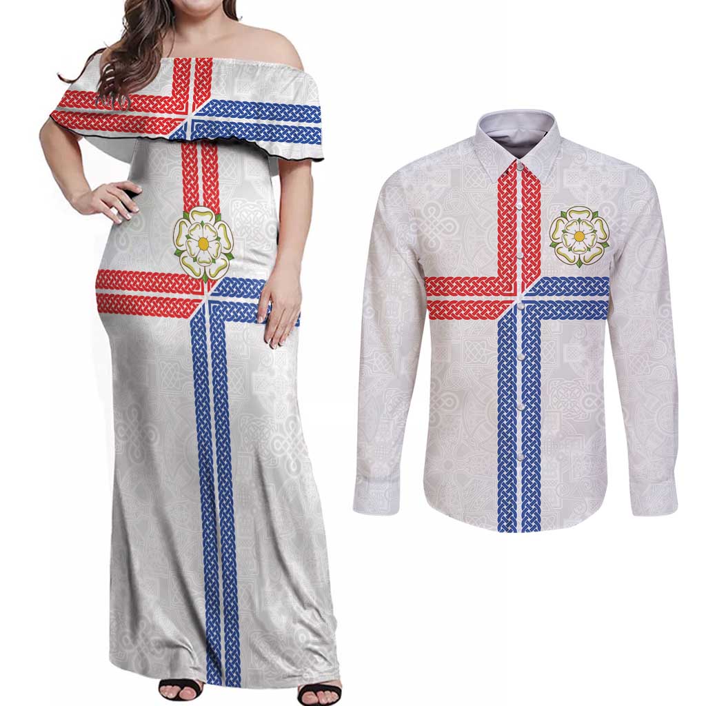 Personalized Yorkshire Celtic Heritage Couples Matching Off Shoulder Maxi Dress and Long Sleeve Button Shirt Cross Style - Wonder Print Shop