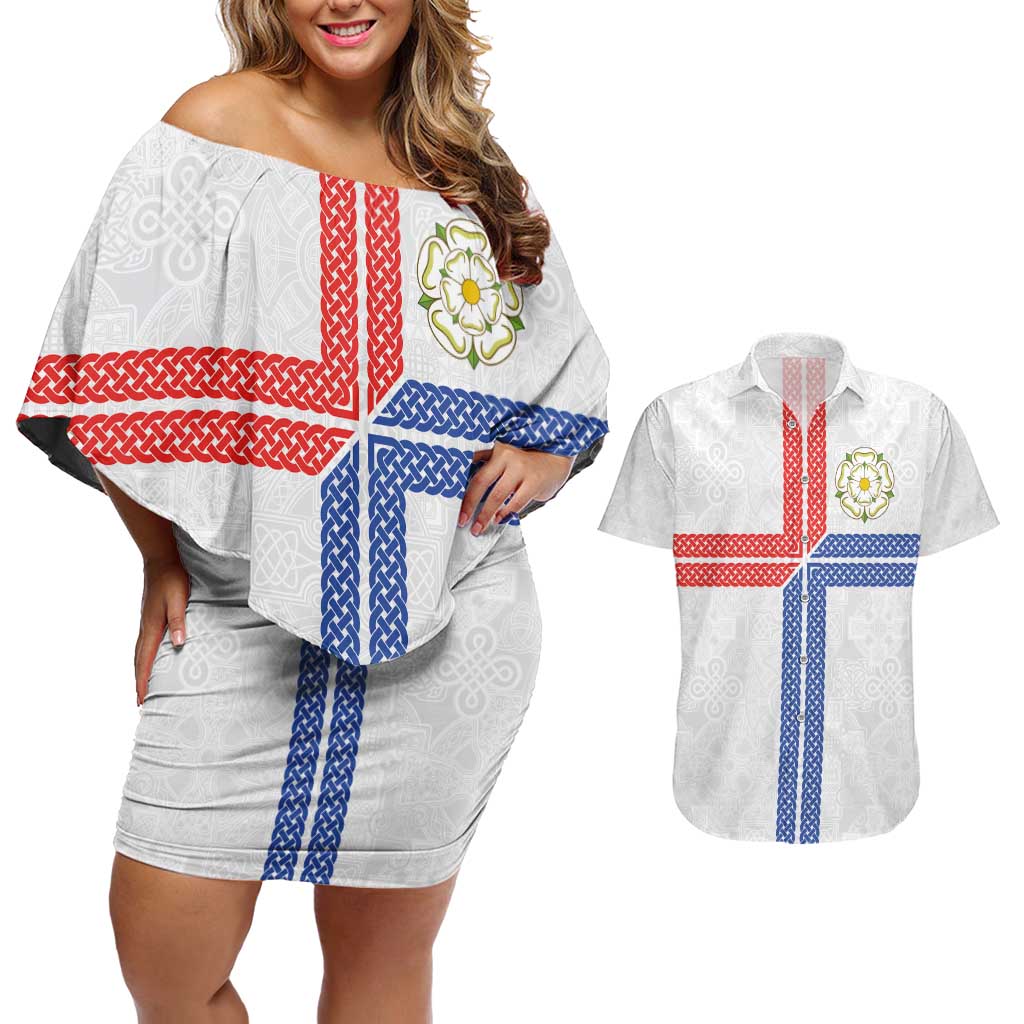 Personalized Yorkshire Celtic Heritage Couples Matching Off Shoulder Short Dress and Hawaiian Shirt Cross Style - Wonder Print Shop