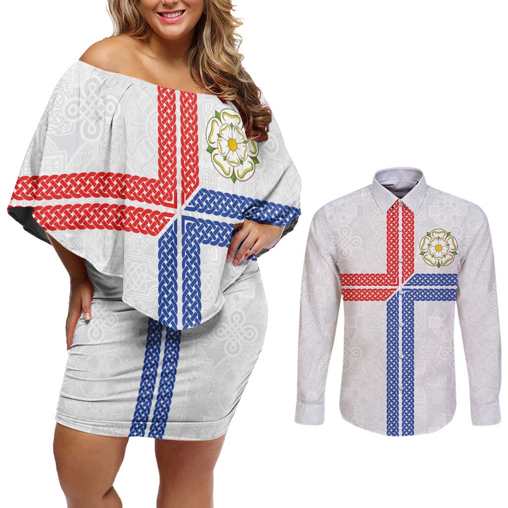 Personalized Yorkshire Celtic Heritage Couples Matching Off Shoulder Short Dress and Long Sleeve Button Shirt Cross Style - Wonder Print Shop