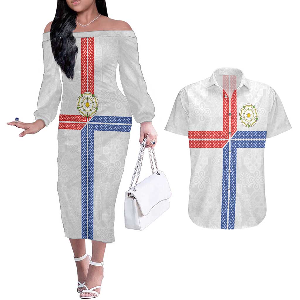 Personalized Yorkshire Celtic Heritage Couples Matching Off The Shoulder Long Sleeve Dress and Hawaiian Shirt Cross Style - Wonder Print Shop