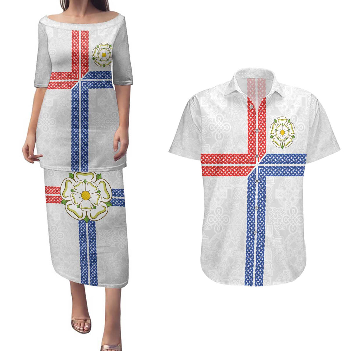 Personalized Yorkshire Celtic Heritage Couples Matching Puletasi and Hawaiian Shirt Cross Style - Wonder Print Shop