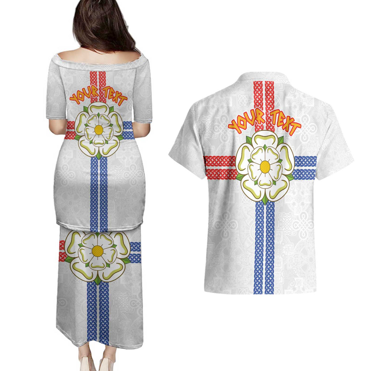 Personalized Yorkshire Celtic Heritage Couples Matching Puletasi and Hawaiian Shirt Cross Style - Wonder Print Shop