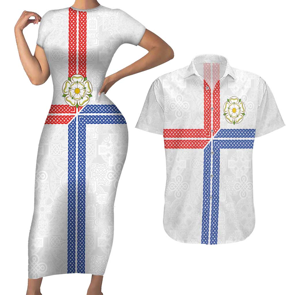 Personalized Yorkshire Celtic Heritage Couples Matching Short Sleeve Bodycon Dress and Hawaiian Shirt Cross Style - Wonder Print Shop