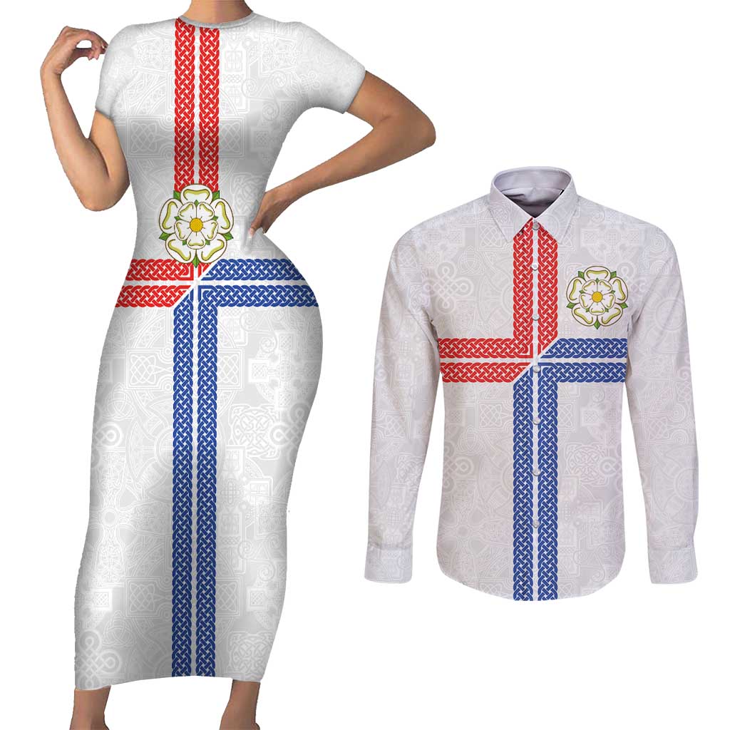 Personalized Yorkshire Celtic Heritage Couples Matching Short Sleeve Bodycon Dress and Long Sleeve Button Shirt Cross Style - Wonder Print Shop