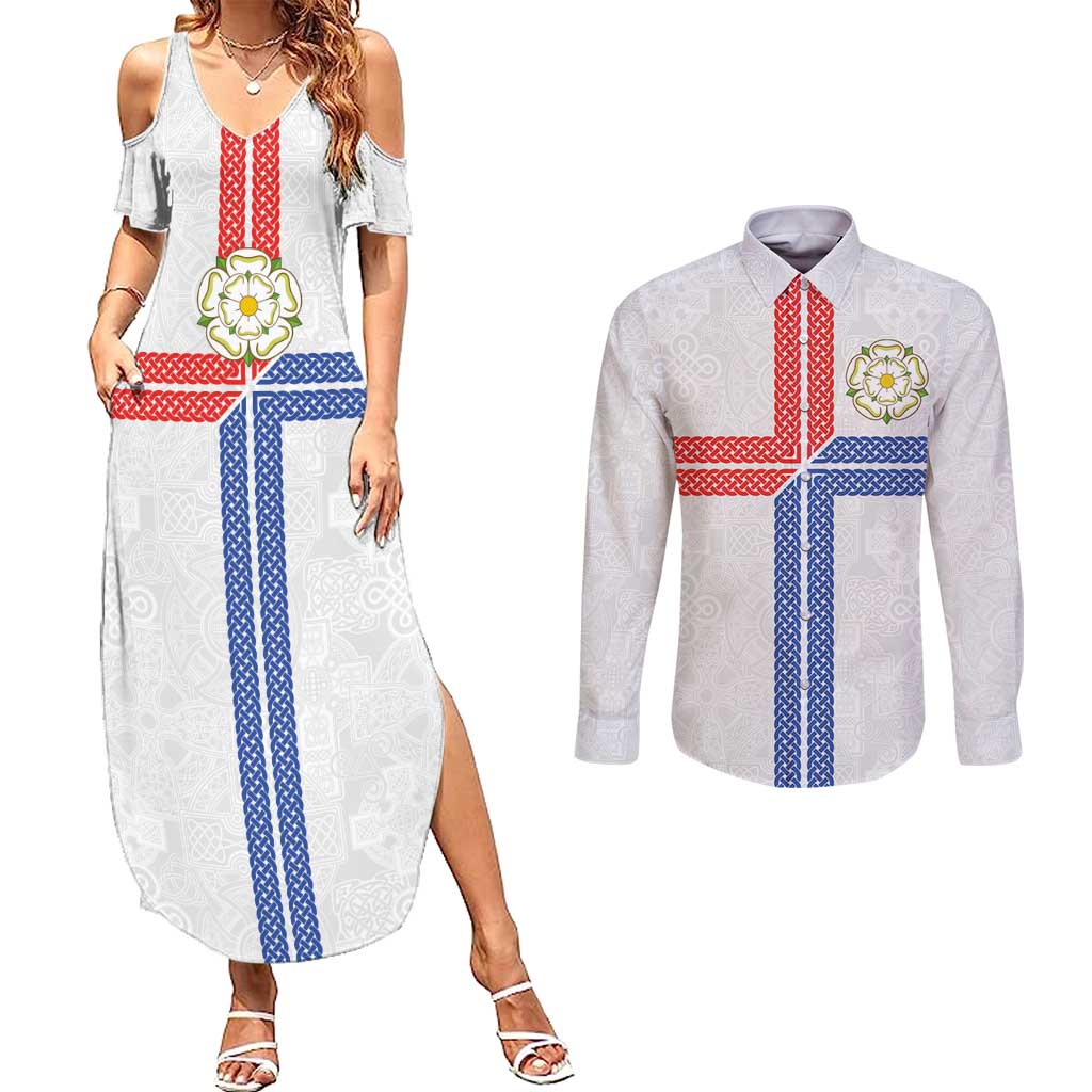 Personalized Yorkshire Celtic Heritage Couples Matching Summer Maxi Dress and Long Sleeve Button Shirt Cross Style - Wonder Print Shop