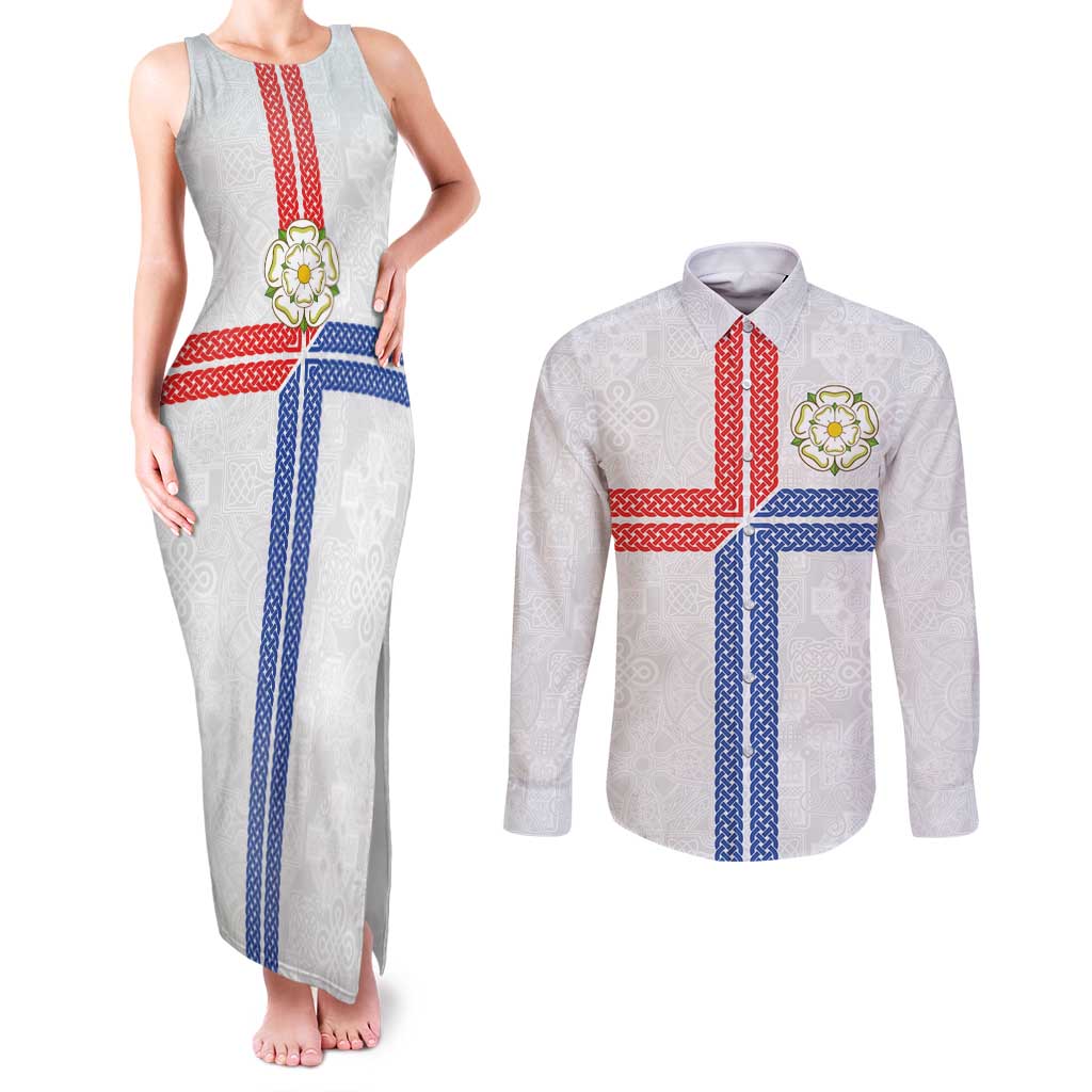 Personalized Yorkshire Celtic Heritage Couples Matching Tank Maxi Dress and Long Sleeve Button Shirt Cross Style - Wonder Print Shop