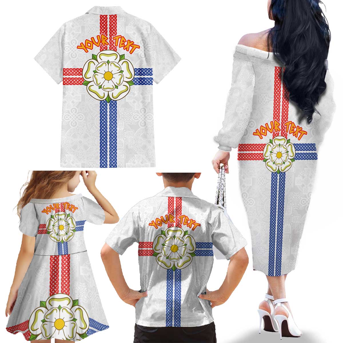 Personalized Yorkshire Celtic Heritage Family Matching Off The Shoulder Long Sleeve Dress and Hawaiian Shirt Cross Style - Wonder Print Shop