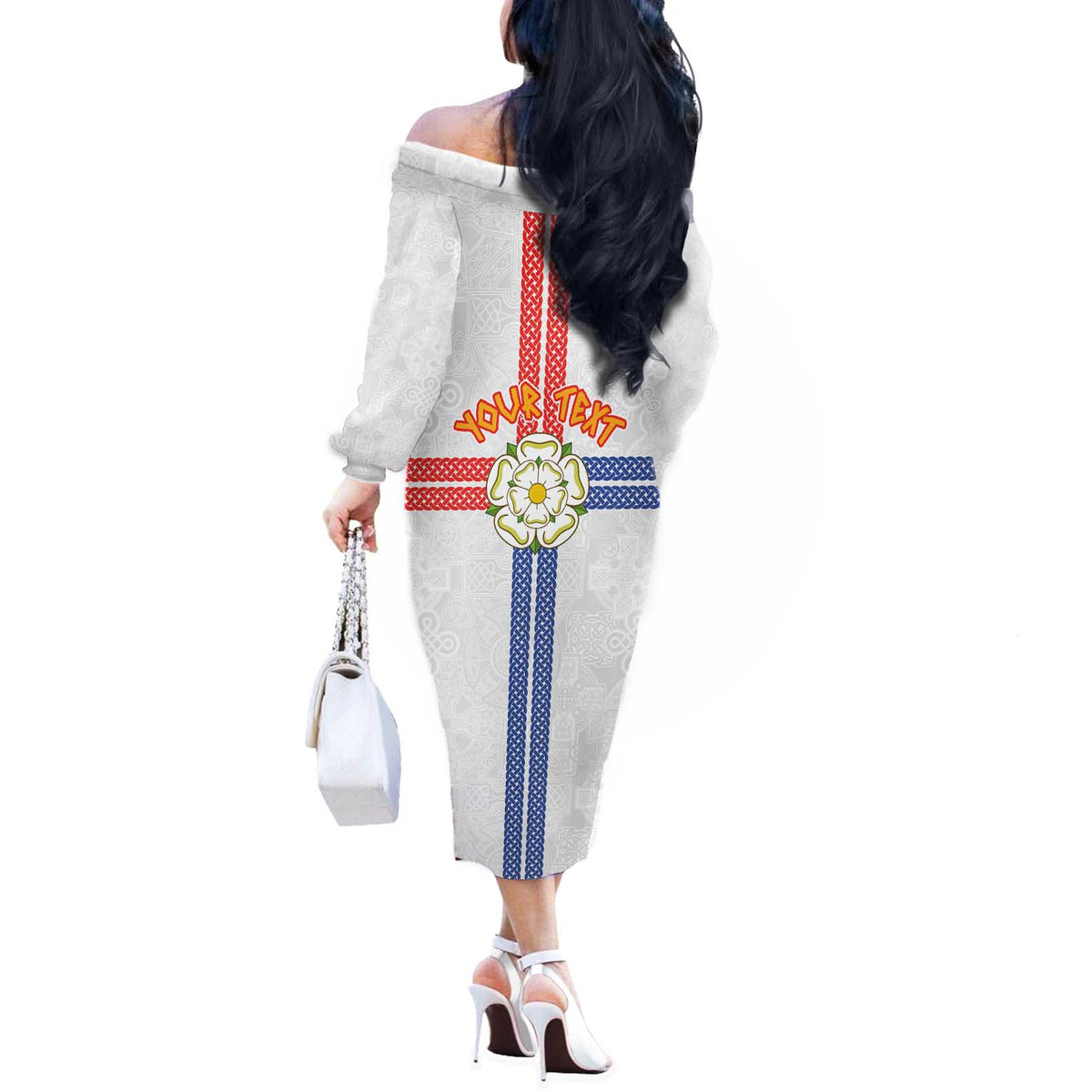 Personalized Yorkshire Celtic Heritage Off The Shoulder Long Sleeve Dress Cross Style - Wonder Print Shop