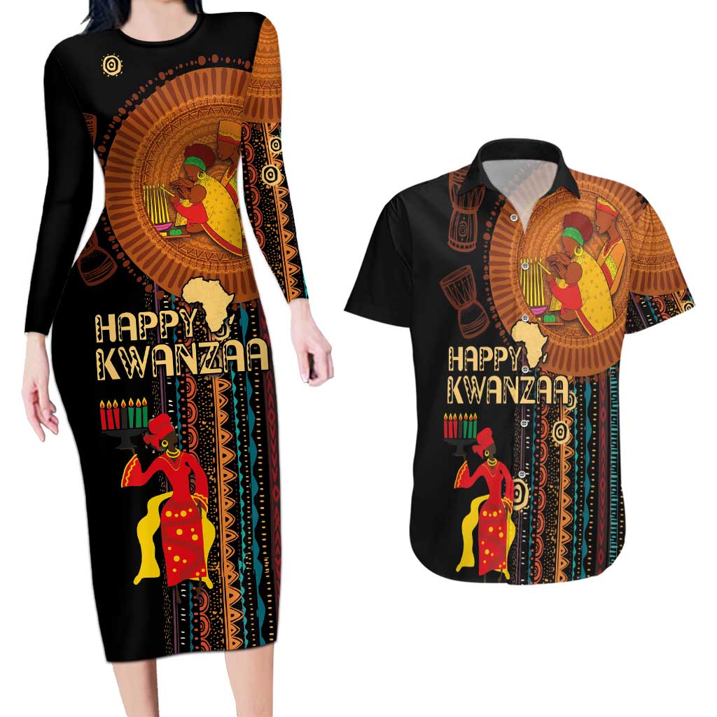 Happy Kwanzaa African Tribal Pattern Couples Matching Long Sleeve Bodycon Dress and Hawaiian Shirt - Wonder Print Shop