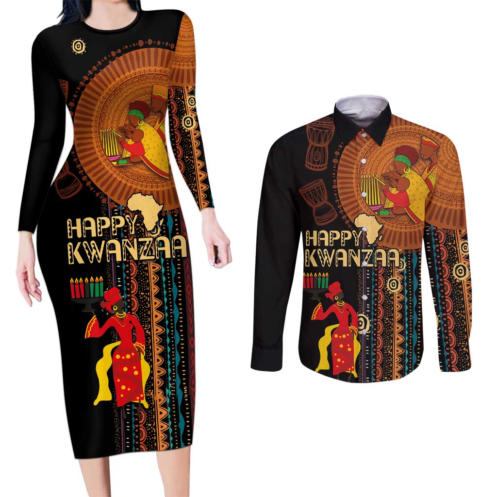 Happy Kwanzaa African Tribal Pattern Couples Matching Long Sleeve Bodycon Dress and Long Sleeve Button Shirt - Wonder Print Shop