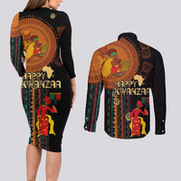 Happy Kwanzaa African Tribal Pattern Couples Matching Long Sleeve Bodycon Dress and Long Sleeve Button Shirt - Wonder Print Shop