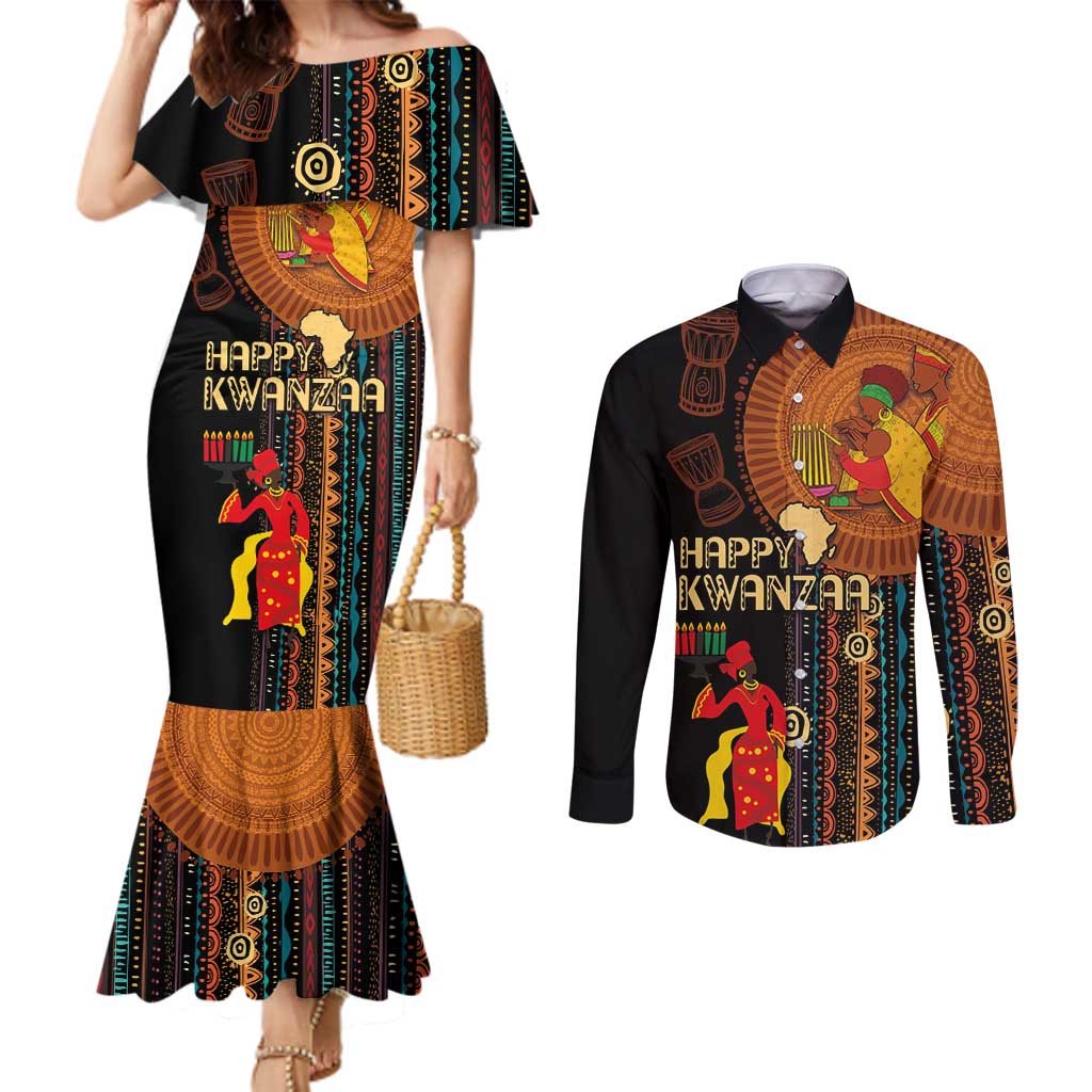 Happy Kwanzaa African Tribal Pattern Couples Matching Mermaid Dress and Long Sleeve Button Shirt