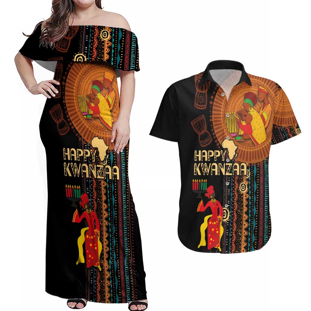 Happy Kwanzaa African Tribal Pattern Couples Matching Off Shoulder Maxi Dress and Hawaiian Shirt - Wonder Print Shop