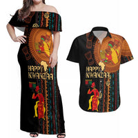 Happy Kwanzaa African Tribal Pattern Couples Matching Off Shoulder Maxi Dress and Hawaiian Shirt - Wonder Print Shop