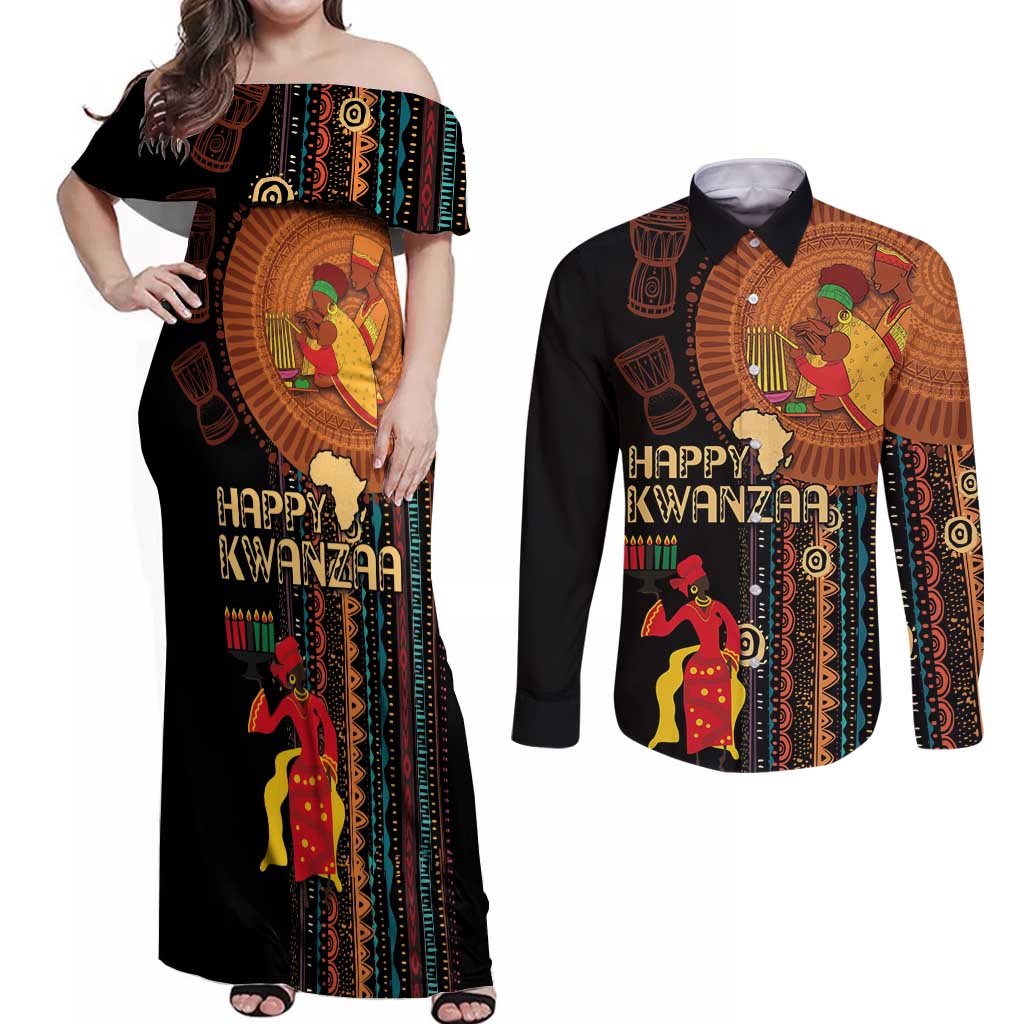 Happy Kwanzaa African Tribal Pattern Couples Matching Off Shoulder Maxi Dress and Long Sleeve Button Shirt - Wonder Print Shop