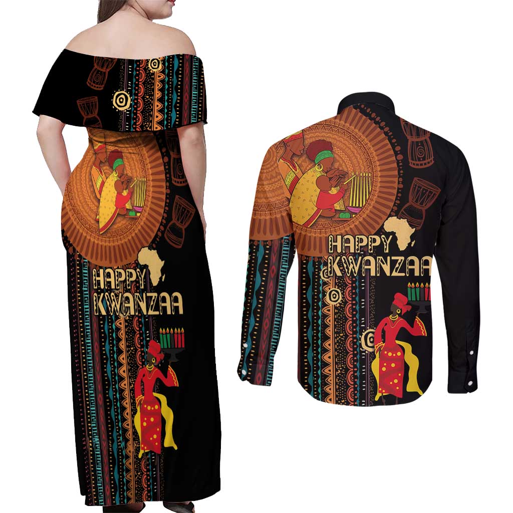 Happy Kwanzaa African Tribal Pattern Couples Matching Off Shoulder Maxi Dress and Long Sleeve Button Shirt - Wonder Print Shop