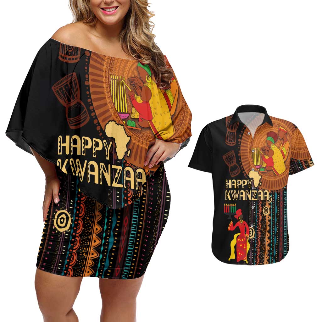 Happy Kwanzaa African Tribal Pattern Couples Matching Off Shoulder Short Dress and Hawaiian Shirt - Wonder Print Shop