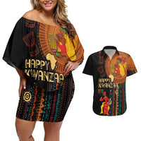 Happy Kwanzaa African Tribal Pattern Couples Matching Off Shoulder Short Dress and Hawaiian Shirt - Wonder Print Shop