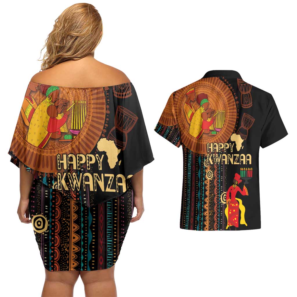 Happy Kwanzaa African Tribal Pattern Couples Matching Off Shoulder Short Dress and Hawaiian Shirt - Wonder Print Shop