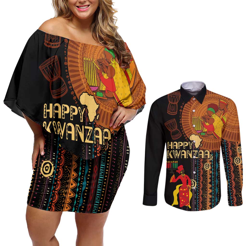 Happy Kwanzaa African Tribal Pattern Couples Matching Off Shoulder Short Dress and Long Sleeve Button Shirt - Wonder Print Shop